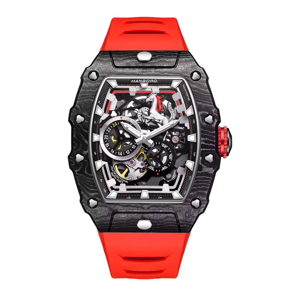 Motorsport-inspired luxury watch with carbon fiber case, skeleton dial, and red rubber strap