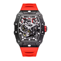 Motorsport-inspired luxury watch with carbon fiber case, skeleton dial, and red rubber strap