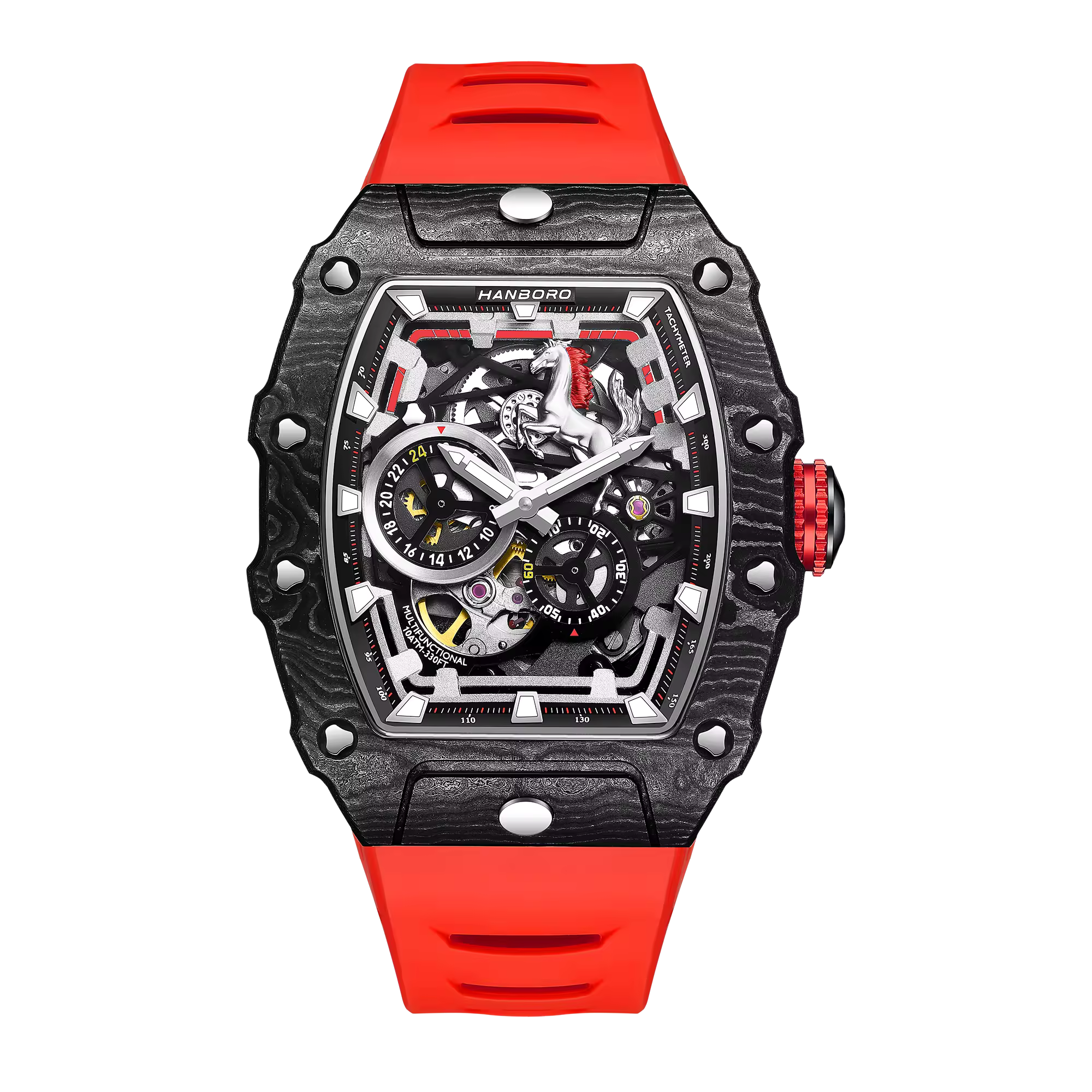 Motorsport-inspired luxury watch with carbon fiber case, skeleton dial, and red rubber strap