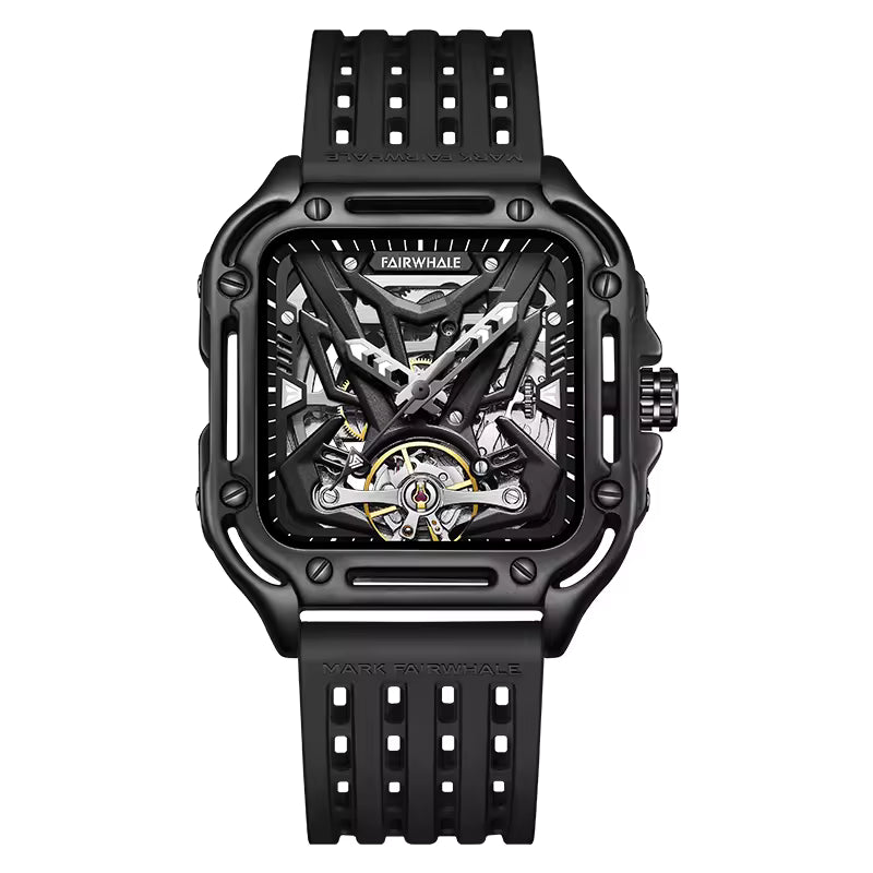 Motorsport-inspired skeleton watch with black case, bold dial, and rubber strap
