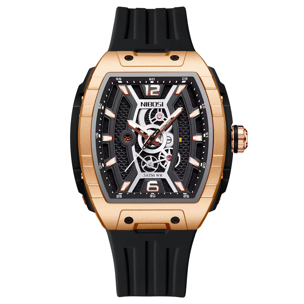Luxury motorsport-inspired watch with rose gold case, skeleton dial, and black rubber strap