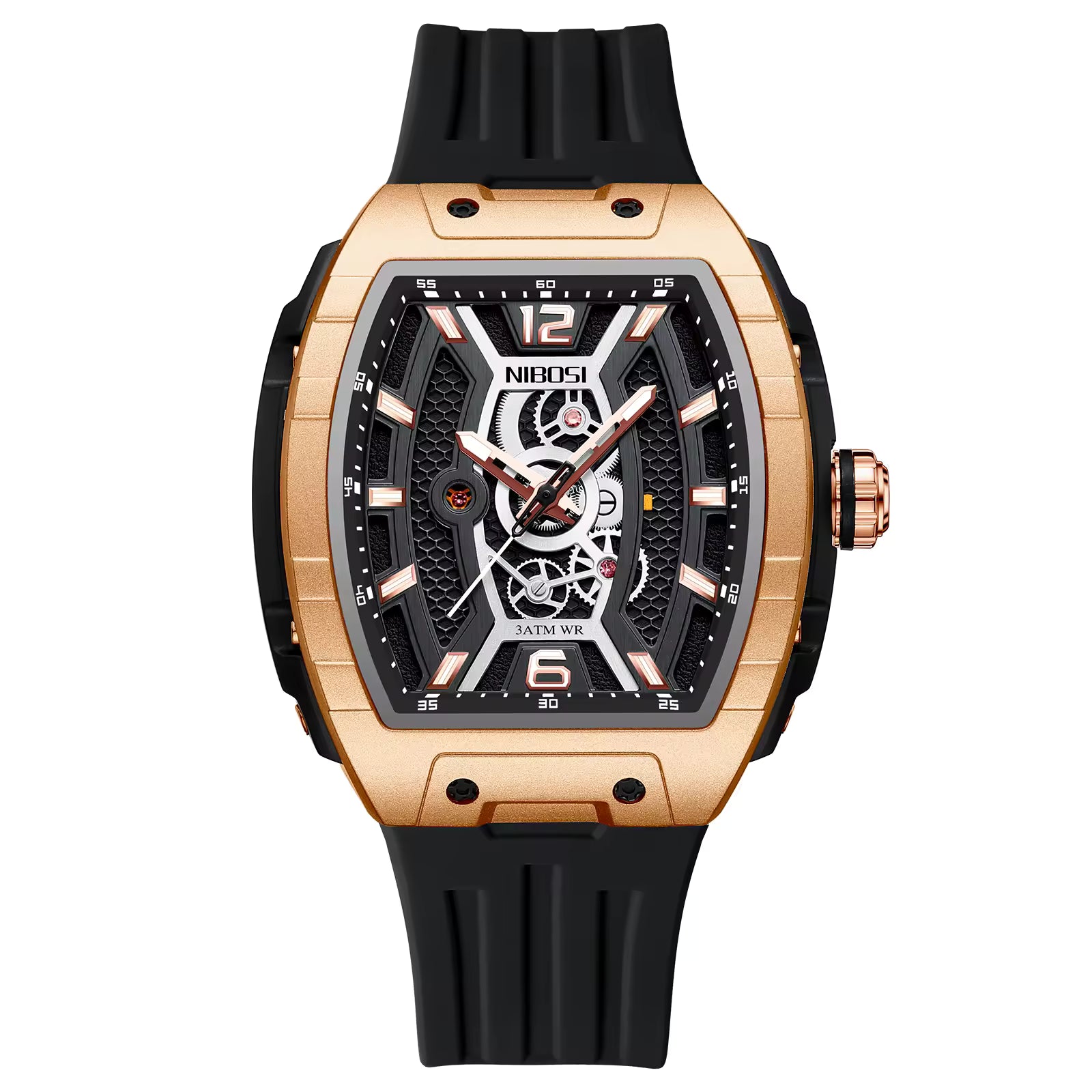 Luxury motorsport-inspired watch with rose gold case, skeleton dial, and black rubber strap