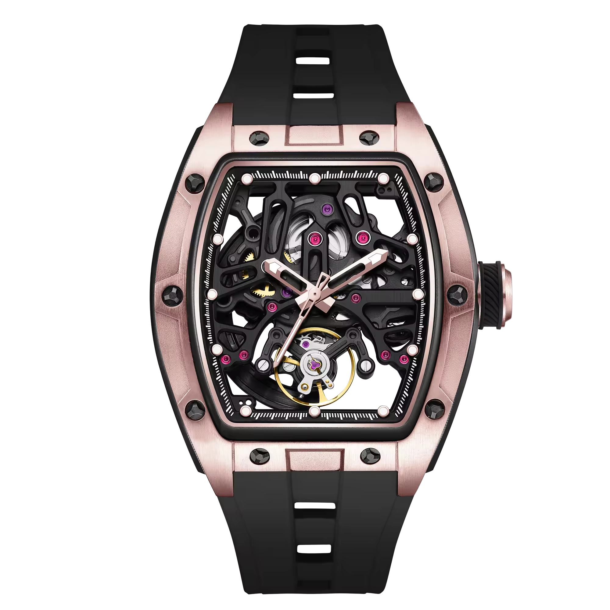 Luxury tonneau skeleton watch with rose gold case, black strap, motorsport-inspired design