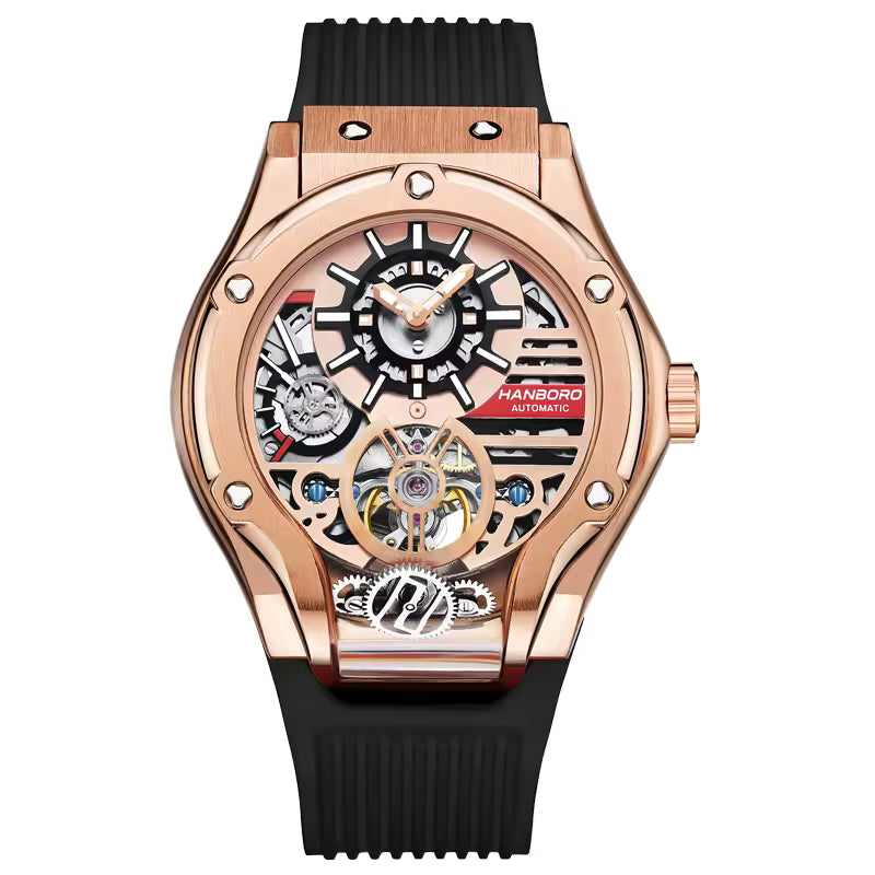 Luxury skeleton watch with rose gold case, visible gears, black strap, motorsport-inspired design