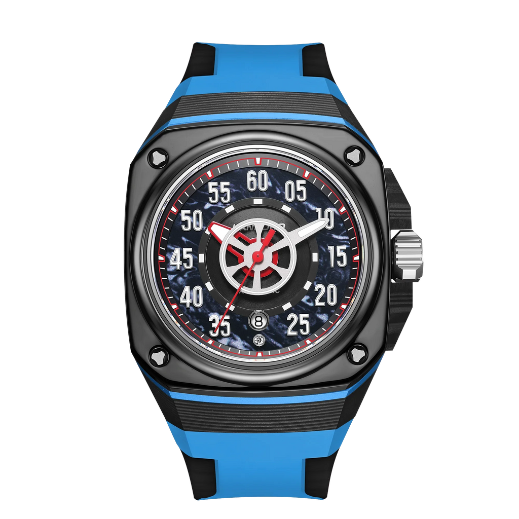 Racing-inspired sport luxury watch with blue strap, black dial, bold numerals and red accents