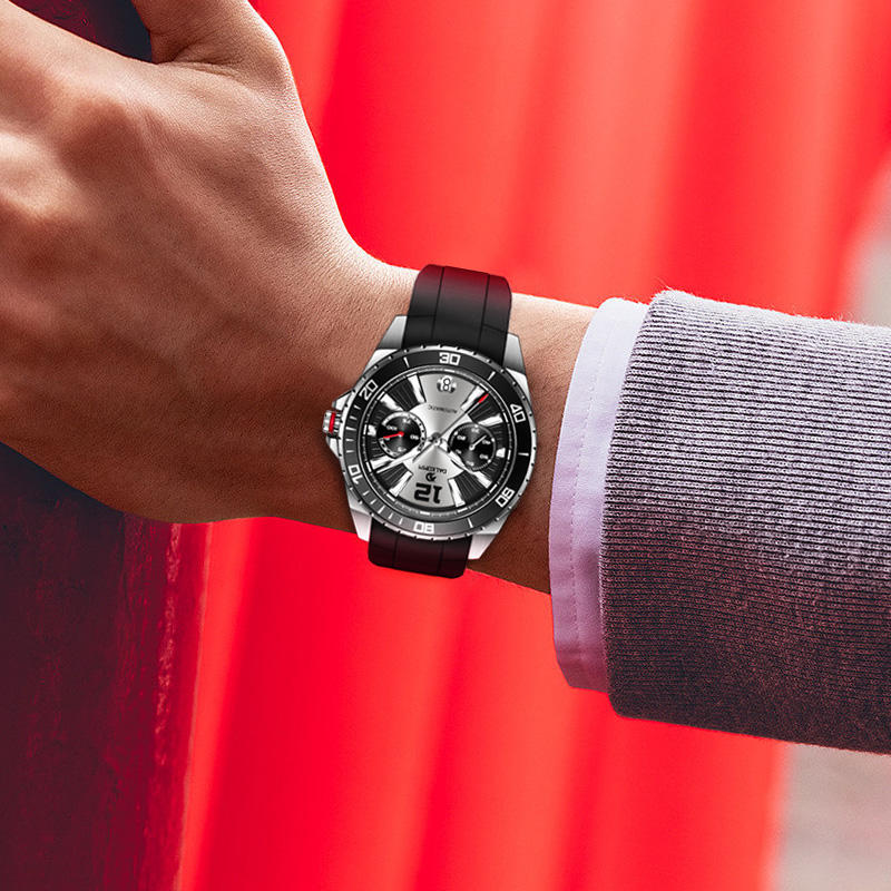 Motorsport-inspired chronograph watch with black strap and bold dial on wrist, red background