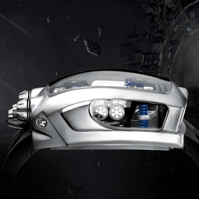 Motorsport-inspired luxury watch with curved sapphire case and exposed mechanical elements