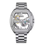 Luxury skeleton dial watch with metallic bracelet, motorsport-inspired, bold sport-luxury design