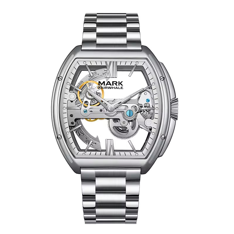 Luxury skeleton dial watch with metallic bracelet, motorsport-inspired, bold sport-luxury design