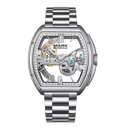 Luxury skeleton dial watch with metallic bracelet, motorsport-inspired, bold sport-luxury design