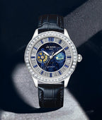Luxury automatic watch with galaxy-themed dial, sapphire-like bezel, and black leather strap
