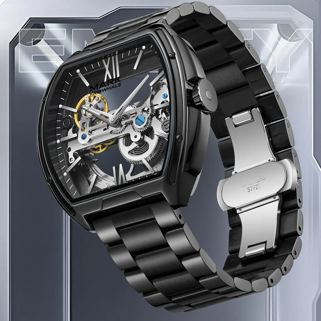 Luxury skeleton dial watch with black stainless steel band, motorsport-inspired design