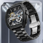 Luxury skeleton dial watch with black stainless steel band, motorsport-inspired design