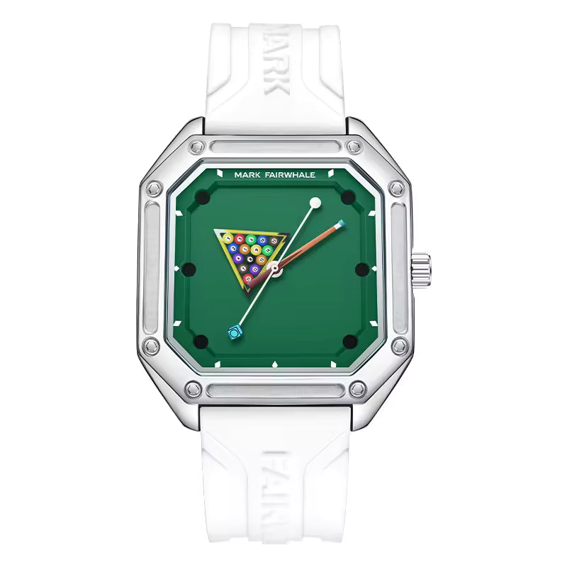 Sport-luxury square watch with green dial, billiards design, and bold white strap