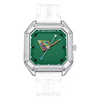 Sport-luxury square watch with green dial, billiards design, and bold white strap