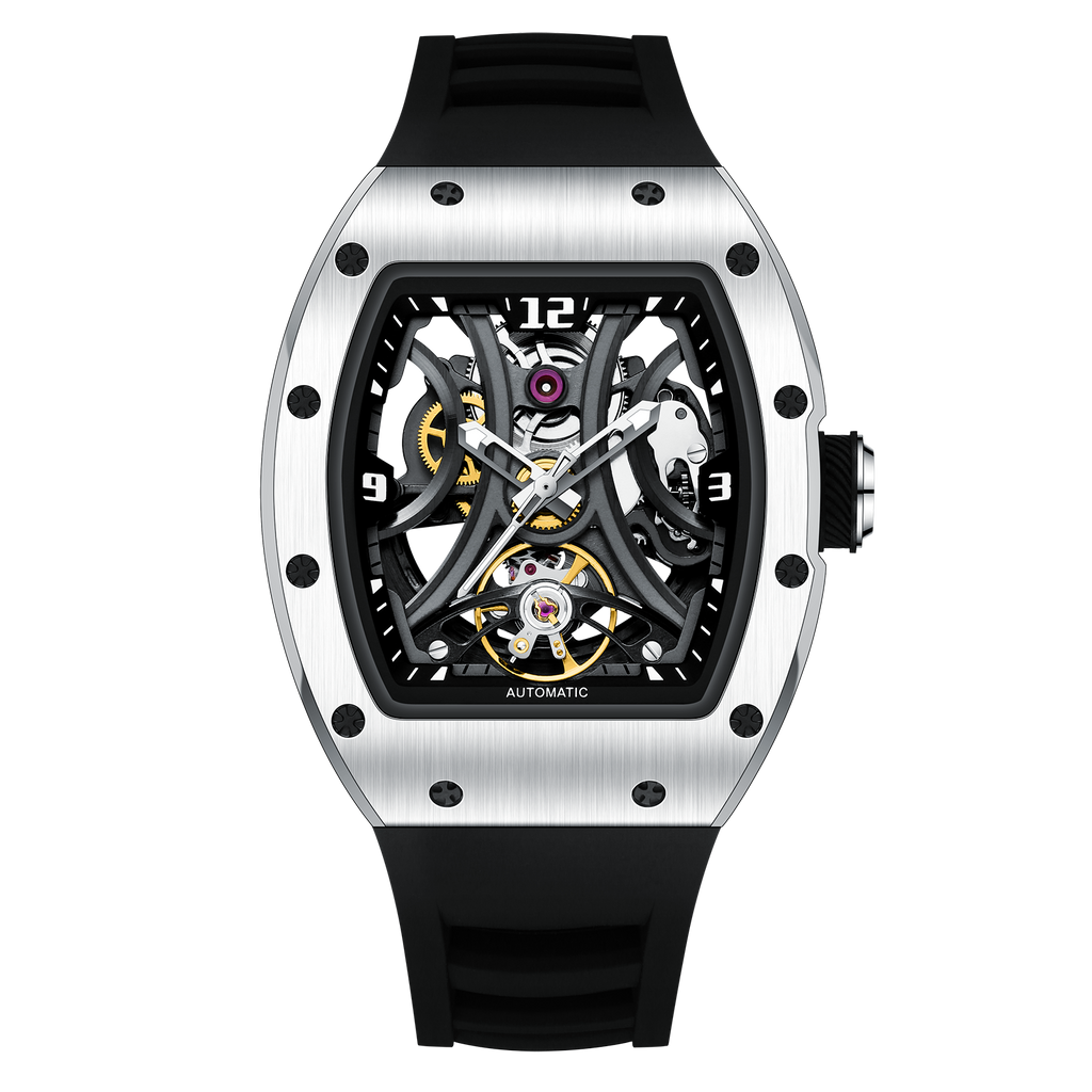 Luxury skeleton automatic watch with tonneau case, exposed gears, and black rubber strap