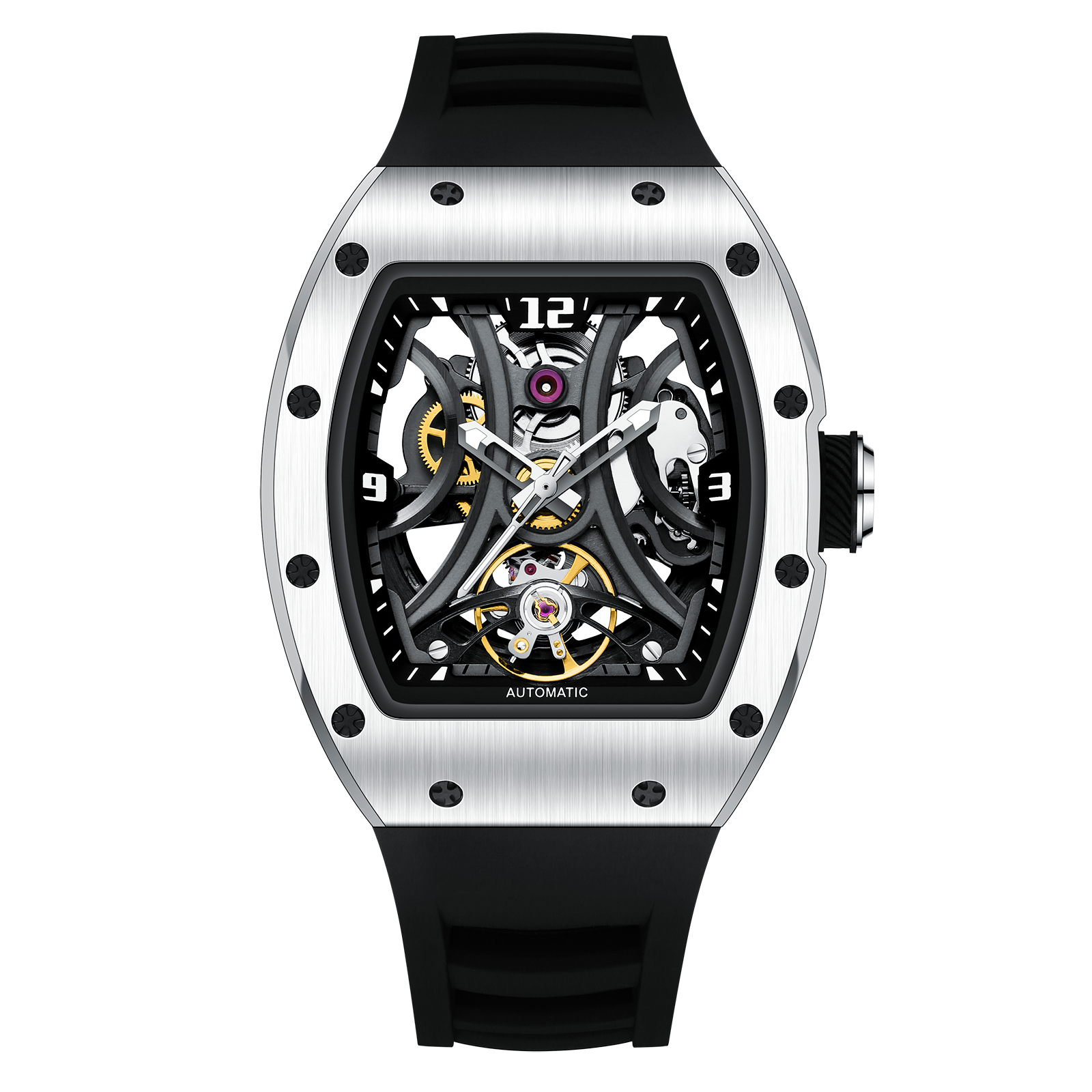 Luxury skeleton automatic watch with tonneau case, exposed gears, and black rubber strap