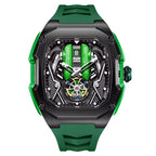 Motorsport-inspired green and black skeleton dial watch with sporty case and bold design