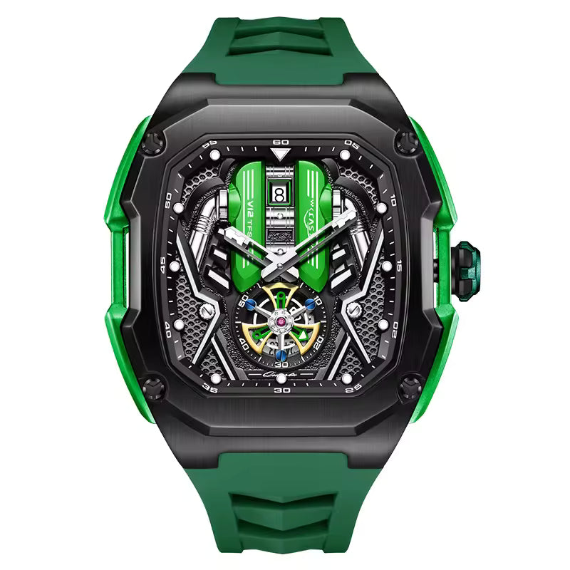 Motorsport-inspired green and black skeleton dial watch with sporty case and bold design