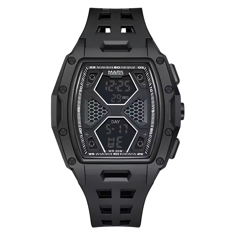 Black sport-luxury digital watch with bold geometric case and honeycomb dial, motorsport-inspired design.