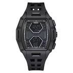 Black sport-luxury digital watch with bold geometric case and honeycomb dial, motorsport-inspired design.