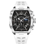 Luxury racing-inspired chronograph watch with silver case, black dial, and white sporty strap