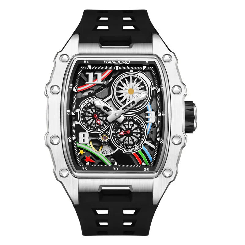 Luxury motorsport-inspired watch with skeleton dial, chronograph subdials, and black silicone strap