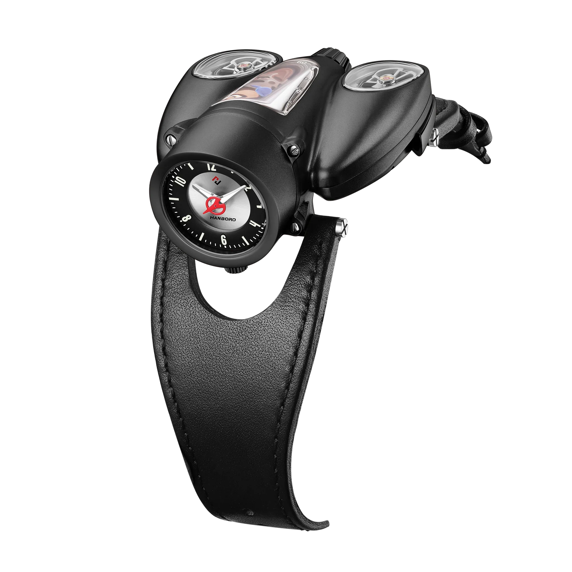 Motorsport-inspired luxury watch with unique multi-dial design and black leather strap