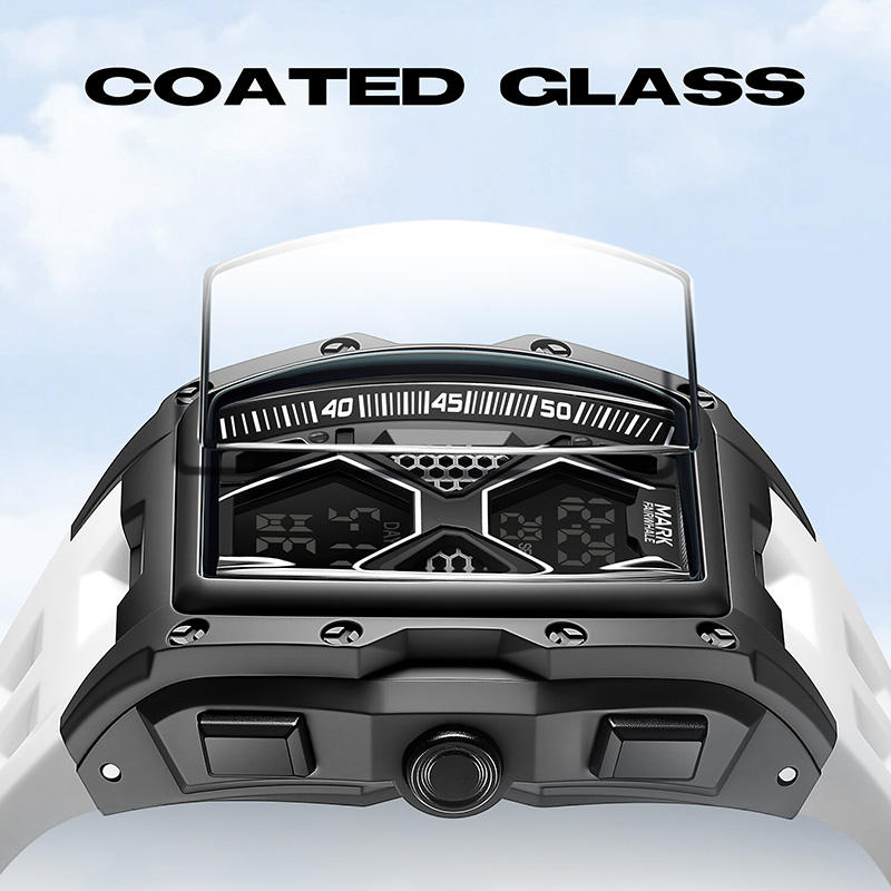 Motorsport-inspired luxury watch with coated glass, bold black and white design, and unique dial.