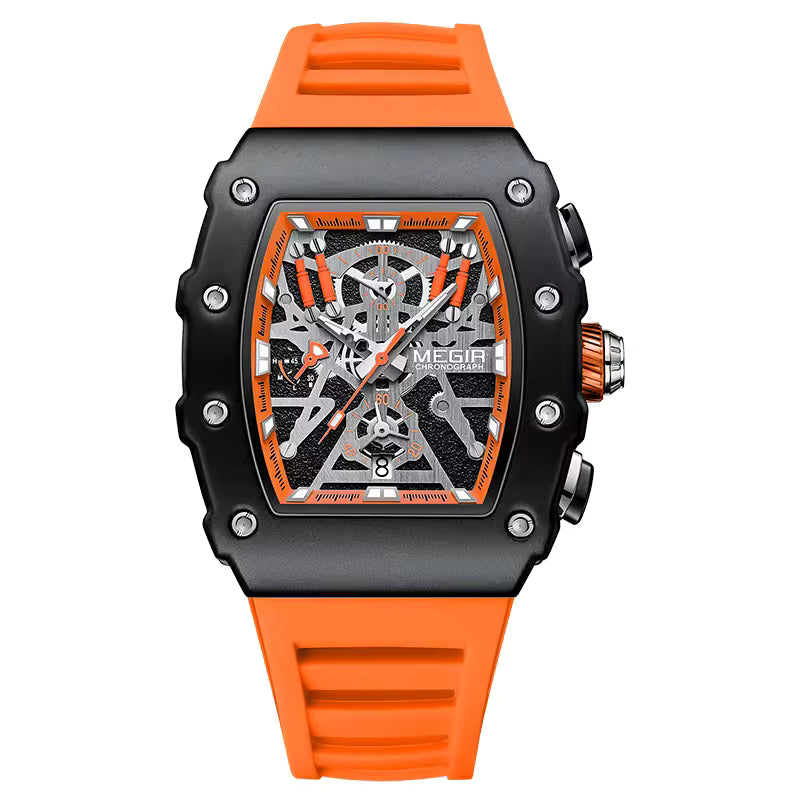 Motorsport-inspired luxury watch with orange rubber strap, skeleton dial, and bold racing details