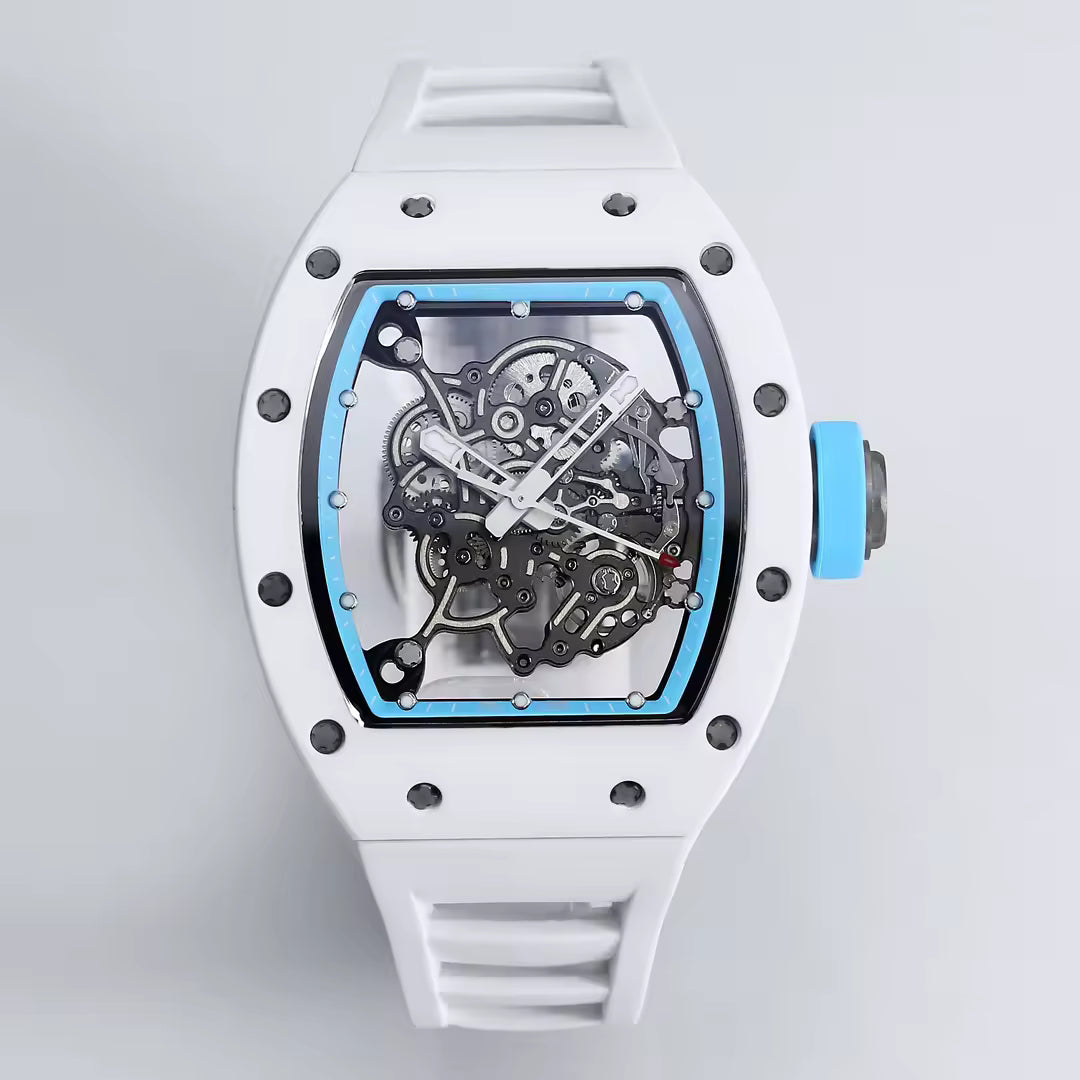 White skeleton dial racing-inspired homage watch with blue accents and bold luxury design