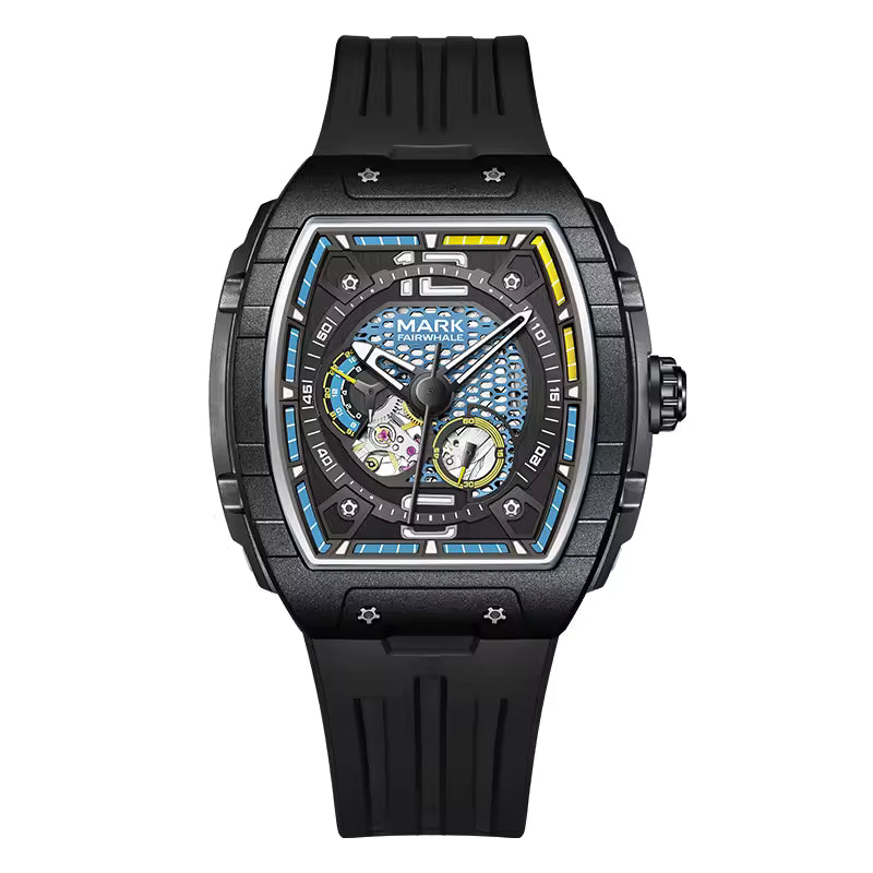 Motorsport-inspired luxury watch with skeleton dial, black case, and blue-yellow accents
