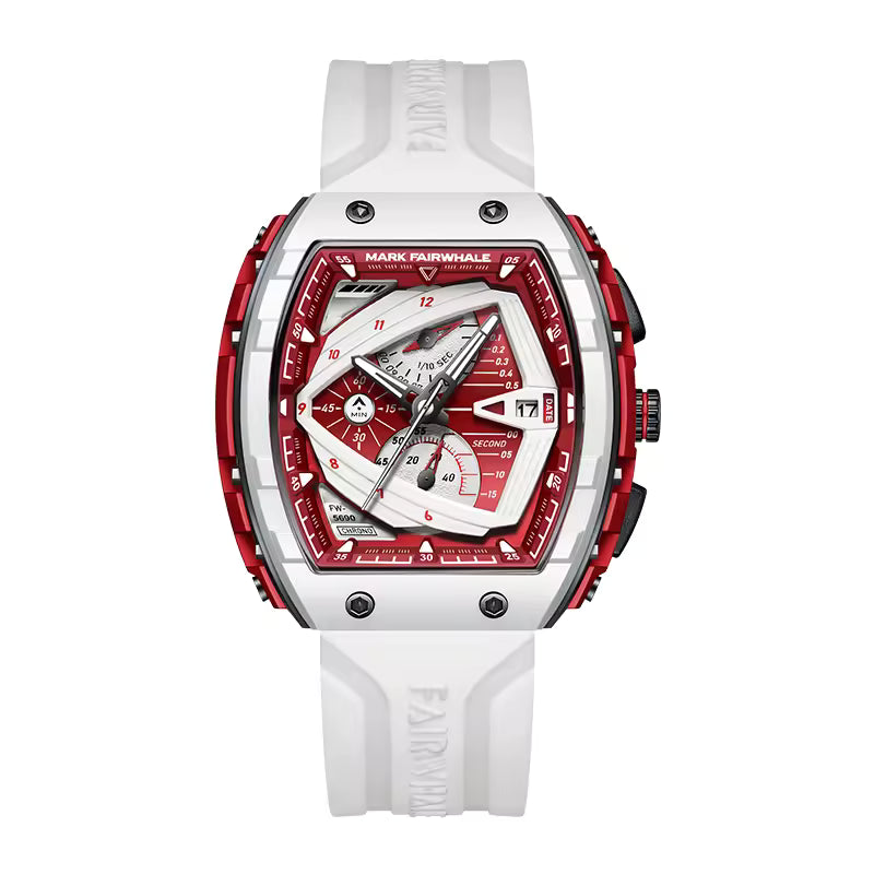 Racing-inspired luxury watch with a red dial, white strap, bold chronograph, and sporty design.