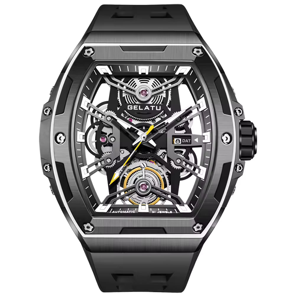 Motorsport-inspired skeleton automatic watch with tonneau case, exposed gears, and black rubber strap