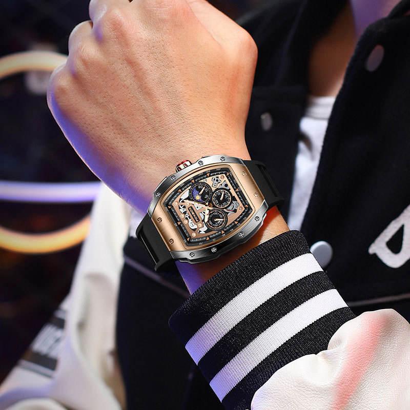 Luxury sport-inspired watch with skeleton dial and chronograph on a wrist, bold European design