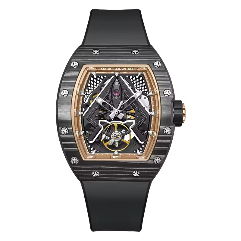 Motorsport-inspired luxury skeleton watch with black carbon fiber case, gold bezel, and sporty design