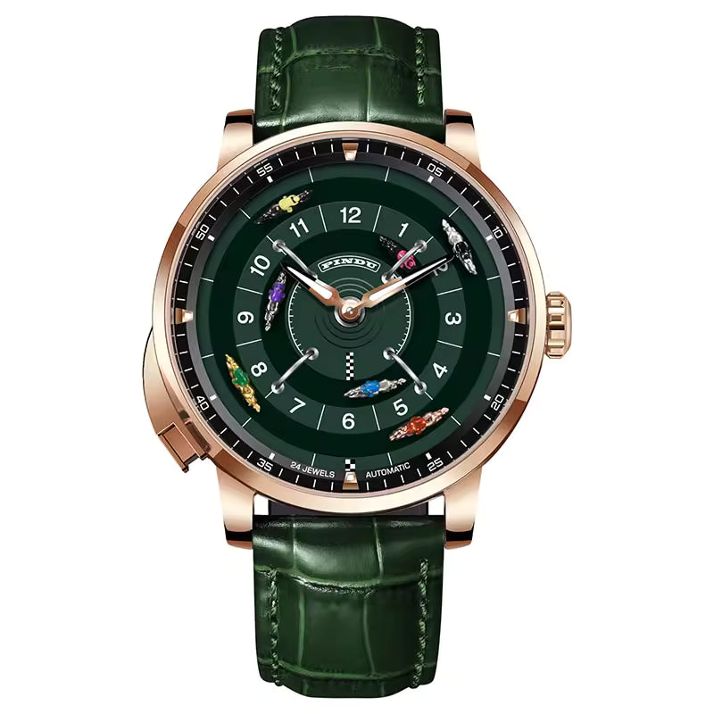 Luxury racing-inspired watch with green dial, gold case, and colorful race car accents on face