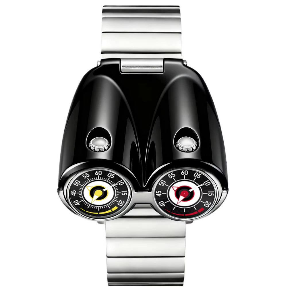 Motorsport-inspired luxury watch with dual dials, black aerodynamic case, and metal strap