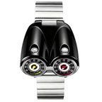 Motorsport-inspired luxury watch with dual dials, black aerodynamic case, and metal strap