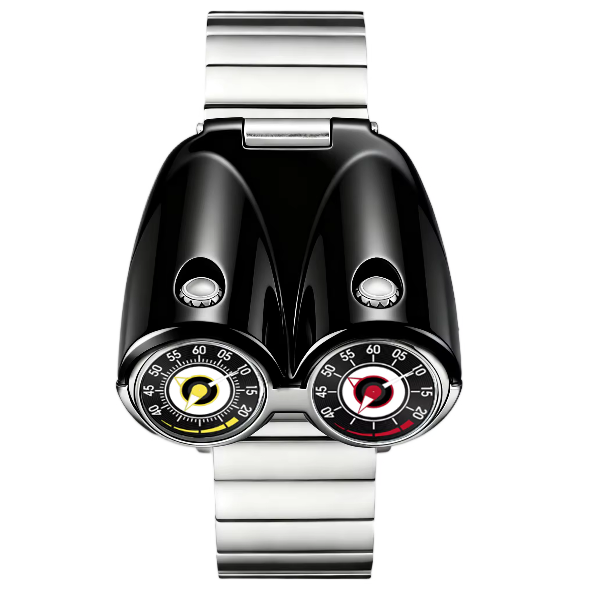 Motorsport-inspired luxury watch with dual dials, black aerodynamic case, and metal strap