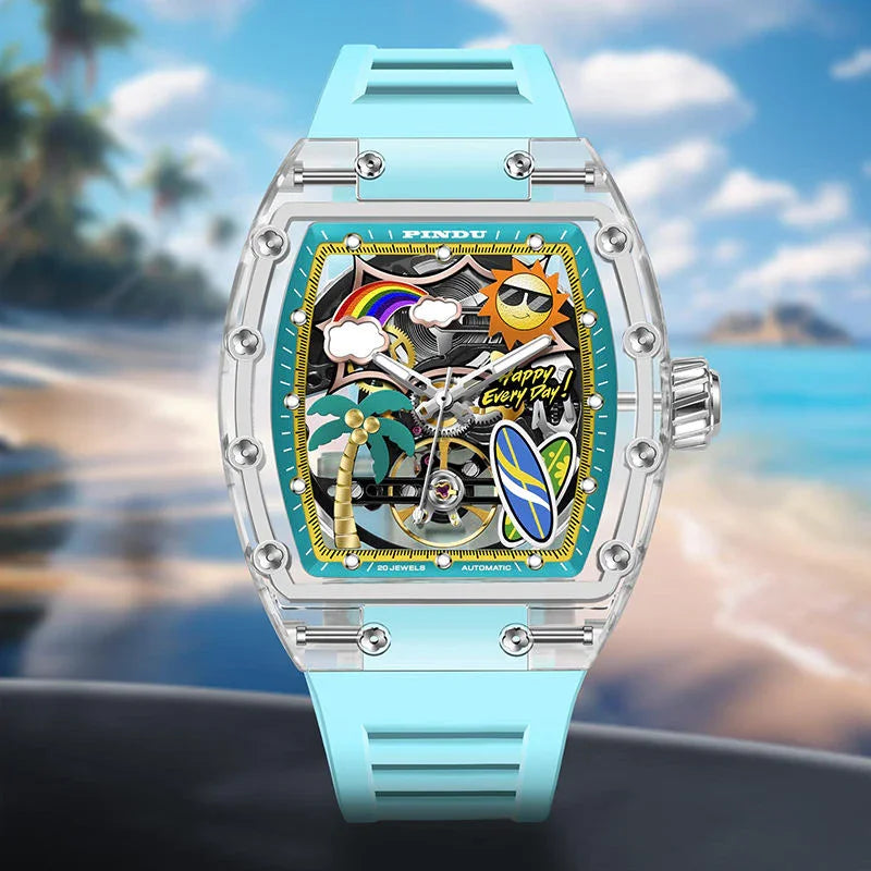 Motorsport-inspired luxury watch with playful beach-themed dial, clear case, and light blue strap
