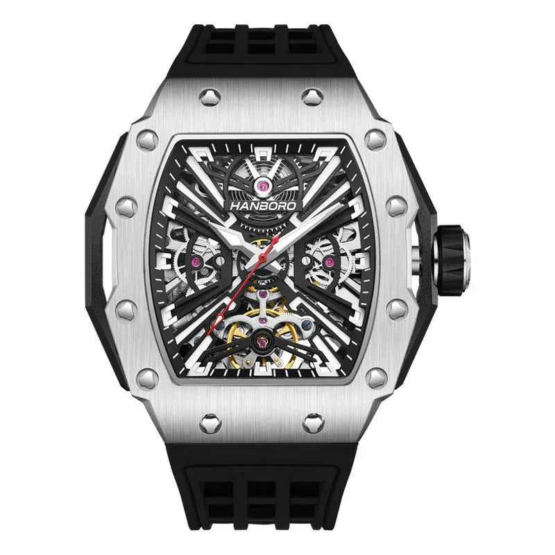 Luxury sport watch with tonneau stainless steel case, skeleton dial, and black rubber strap