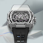 Motorsport-inspired luxury watch with skeleton dial, bold case, and black rubber strap