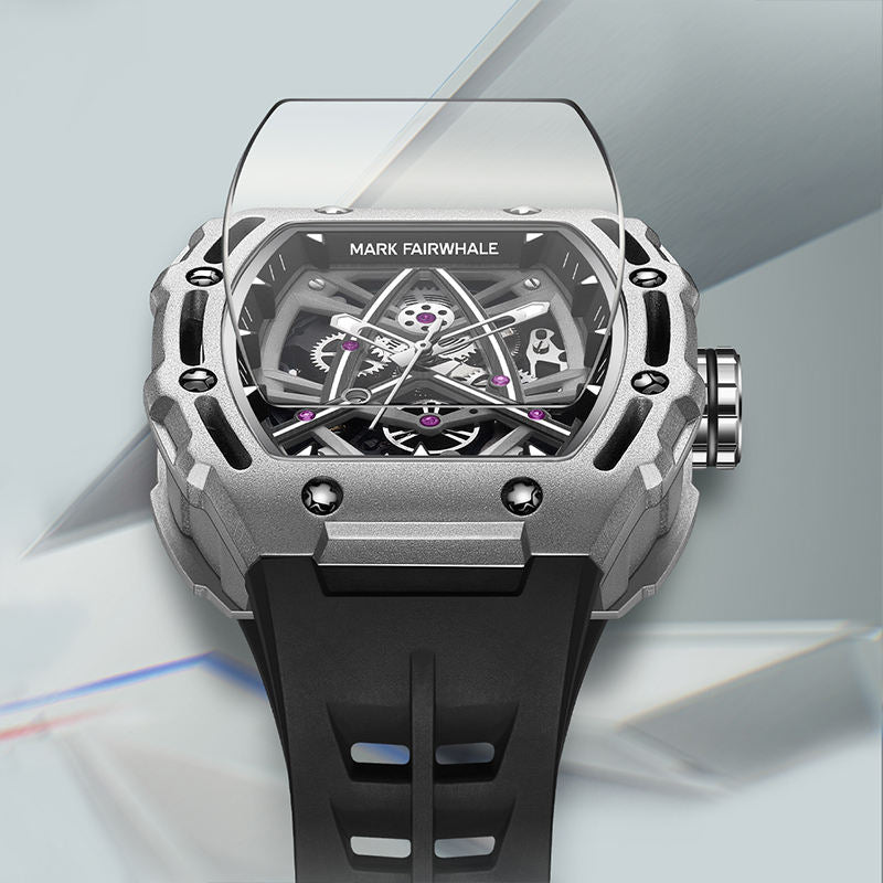 Motorsport-inspired luxury watch with skeleton dial, bold case, and black rubber strap