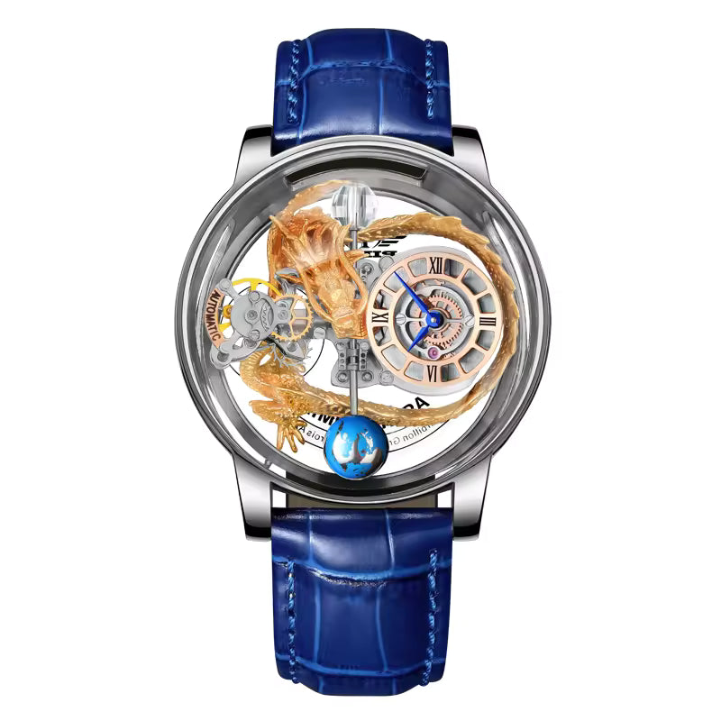 Luxury skeleton watch with gold dragon detail, blue leather strap, and Roman numeral dial