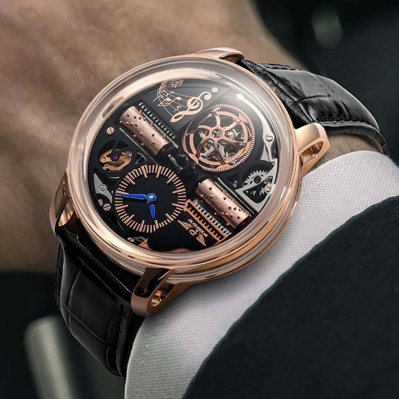 Luxury motorsport-inspired skeleton watch with rose gold case, black strap, and exposed gears on wrist