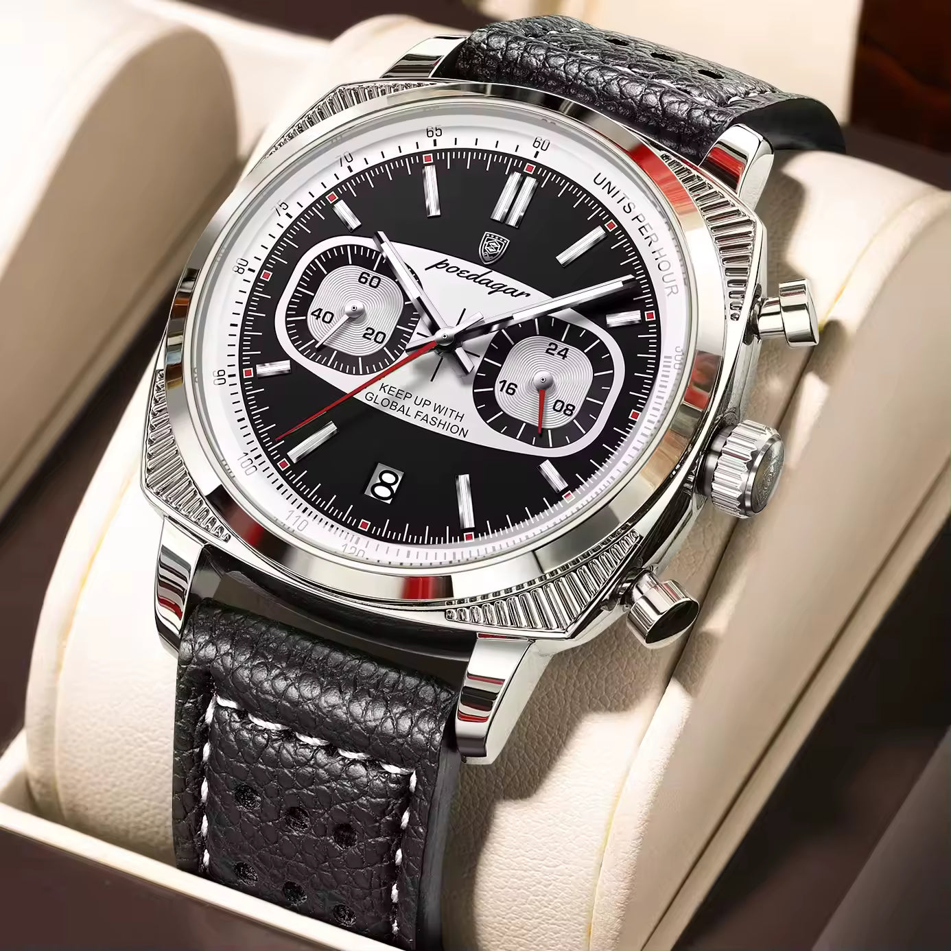 Luxury chronograph watch with black dial, silver case, and textured leather strap, inspired by motorsport design.