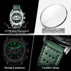 Luxury chronograph watch with green dial, luminous markers, leather strap, and Hardlex crystal — 3ATM waterproof.
