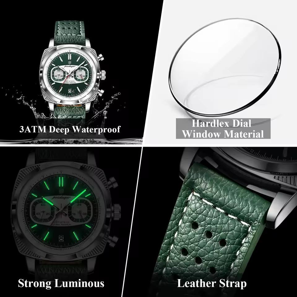 Luxury chronograph watch with green dial, luminous markers, leather strap, and Hardlex crystal — 3ATM waterproof.