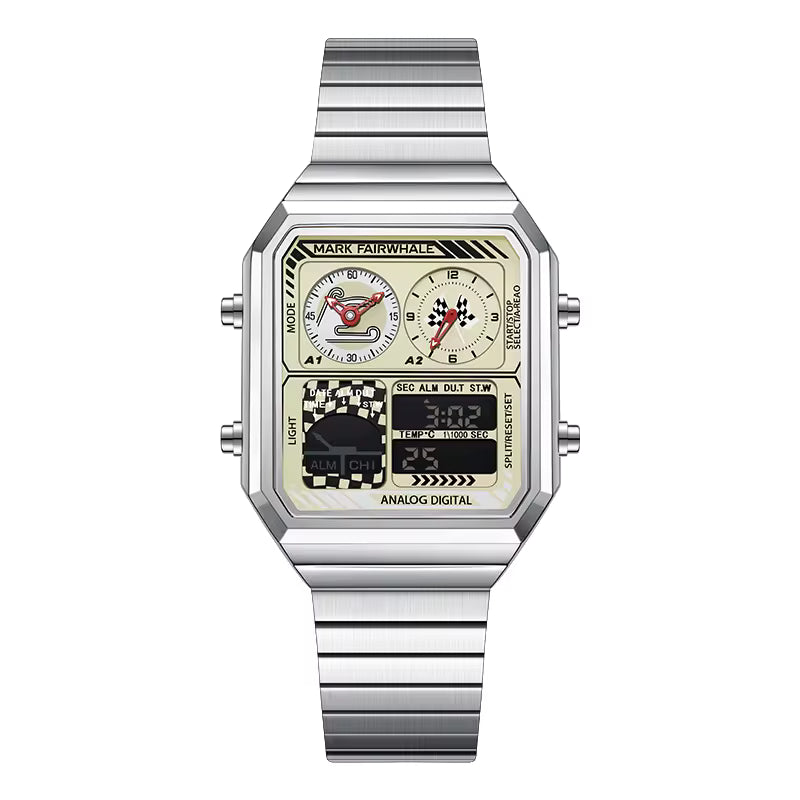 Rectangular racing-inspired analog digital watch with silver metal band and checkered dial accents.